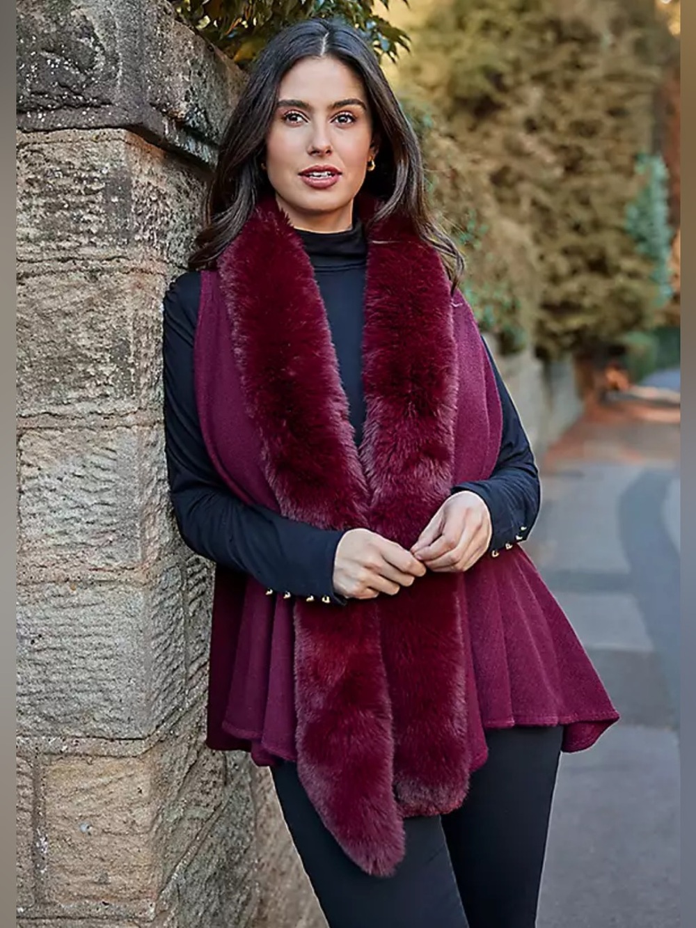 Faux Fur Trim Burgundy Vest